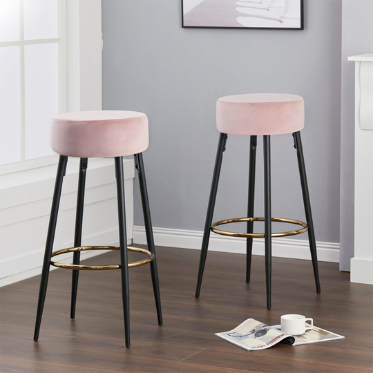 (Pink) 2Pcs Round Velvet Bar Stools Kitchen Counter Dining Chairs Breakfast Barstool