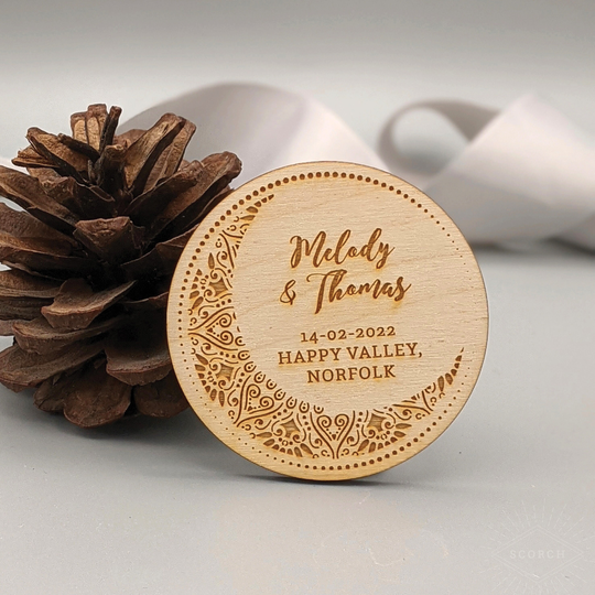 Crescent Moon | Wooden Save The Date Magnet Invitation | Calligraphy Font