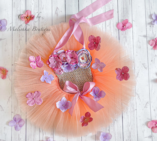 Fall Fairy Tutu Top Dress Outfit, Dusty Pink Orange Peach, Fabric Flowers, Lavender Beige Champagne Cake Smash Costume, Baby Girl 6 Month