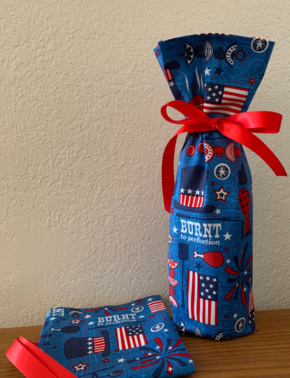 Summer Holidays Americana Barbecue Wine Bottle Bags/Summer Hostess Gifts/Memorial Day/4Th Of July/Labor Day