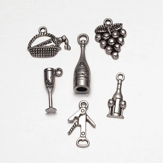 6 Wine Charm Theme Set, Tibetan Style Alloy Pendants, Antique Silver, Grapes, Cocktail Glass, Bottle, Diy Charms, Opener