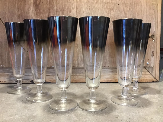 2 Vintage Lusterware Glasses, Faded Silver Mercury Beer Mcm Silver Ombre Barware Set Of