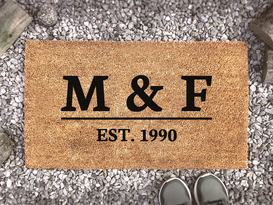 Personalized Bold Underlined Initials & Est. Date Serif Door Mat - Custom Coir Rug New Home Gift Cute Couples Housewarming