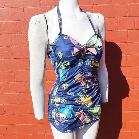 Fabulous 1950S Novelty Print Cotton Halterneck Swimsuit With Amazing Casino Las Vegas Of Shaker Dice & Candles