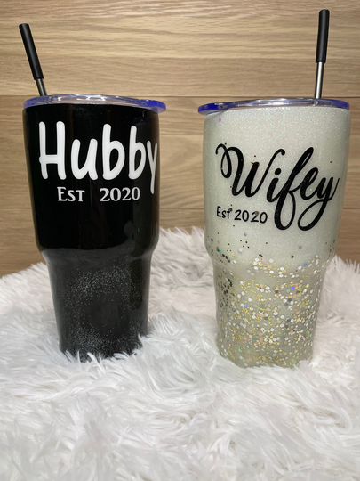 Hubby Or Wifey Est. Glitter Tumbler Various Sizes, Gift For Her, Him, Wedding Gift, Free Personalization, Metal