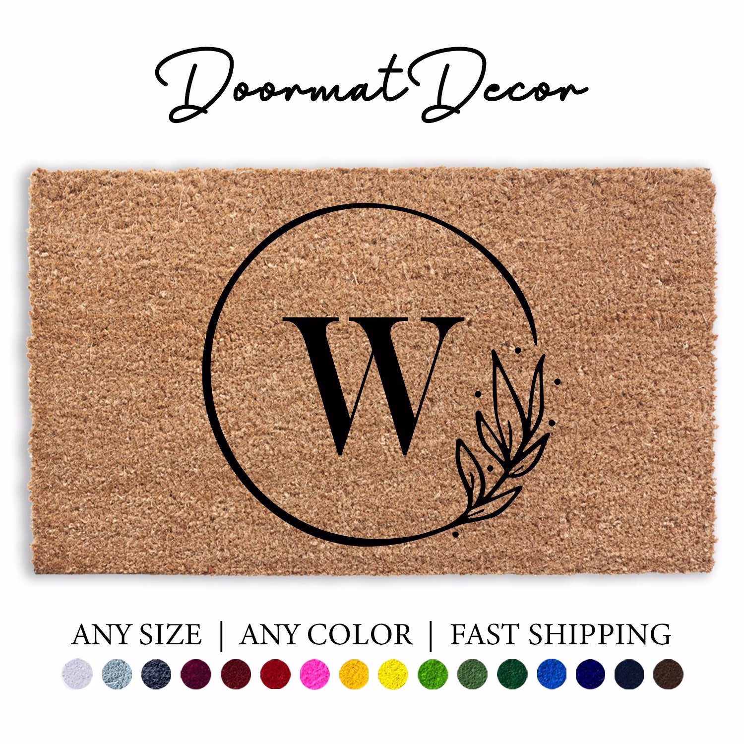 Monogram Circle Border Personalized Doormat, Flocked Coir Door Mat, Outdoor Welcome Family Name Housewarming, Round Wreath