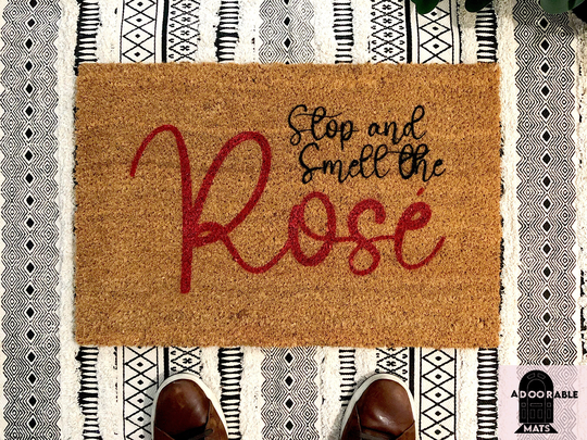 stop & Smell The Rose | Custom Housewarming Gift Personalized Doormat Wine Lover's Welcome Front Door Mat Lover's
