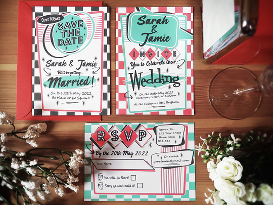 Personalised Printed Retro 50's American Diner Wedding Invite, Invitations, Save The Date, Information Card, Rsvp, Menu