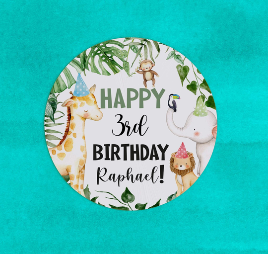 Happy 3rd Birthday Stickers Safari Animals Thank You Wild One Jungle Zoo Round