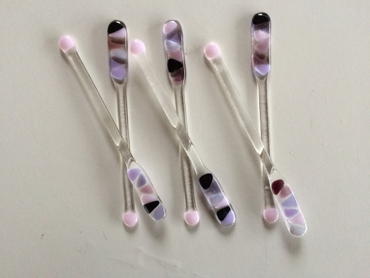 Set Of Six Pink & Purple Fused Glass Swizzle Sticks