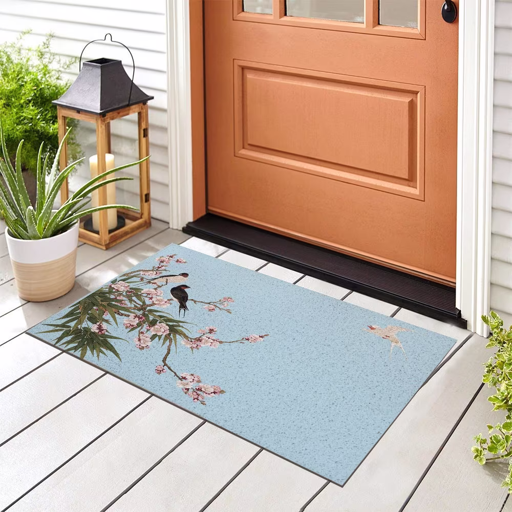 Blue Bird Flower Entrance Door Mat, Traditional Japanese Painting Doormat, Anti Skid PVC Coil Mats, Mat For Home, Washable Entryway