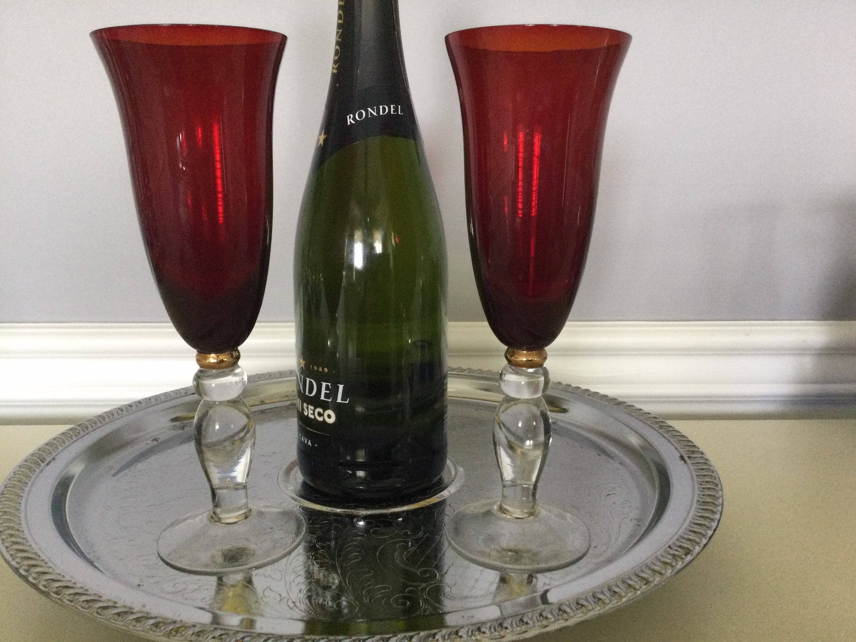 Ruby Red Toasting Glasses, Bowl, Clear Stem Gold Band Disks Set Of 2, Christmas Wedding, Mimosa's, Champagne, Barware Gift, New Year's