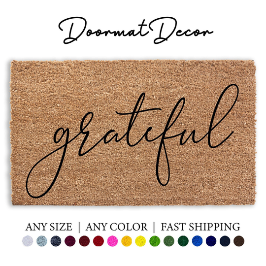 Grateful Doormat, Script Flocked Coir Outdoor Welcome Mat, Personalized Door Custom Thanksgiving Fall Decor