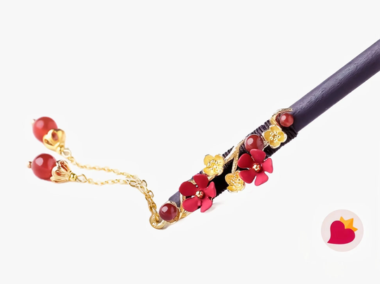 Red Flower Hairpin Agate Jewelry Sweet Wooden Tassel Step Shake China Jiangnan Style Girl Gift