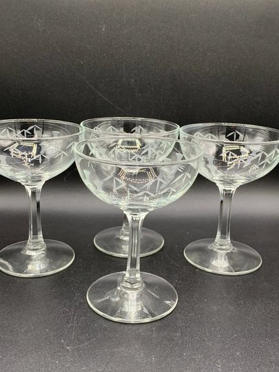 Vintage Etched Champagne Glasses, Set Of 4 - Very Beautiful Bamboo Design