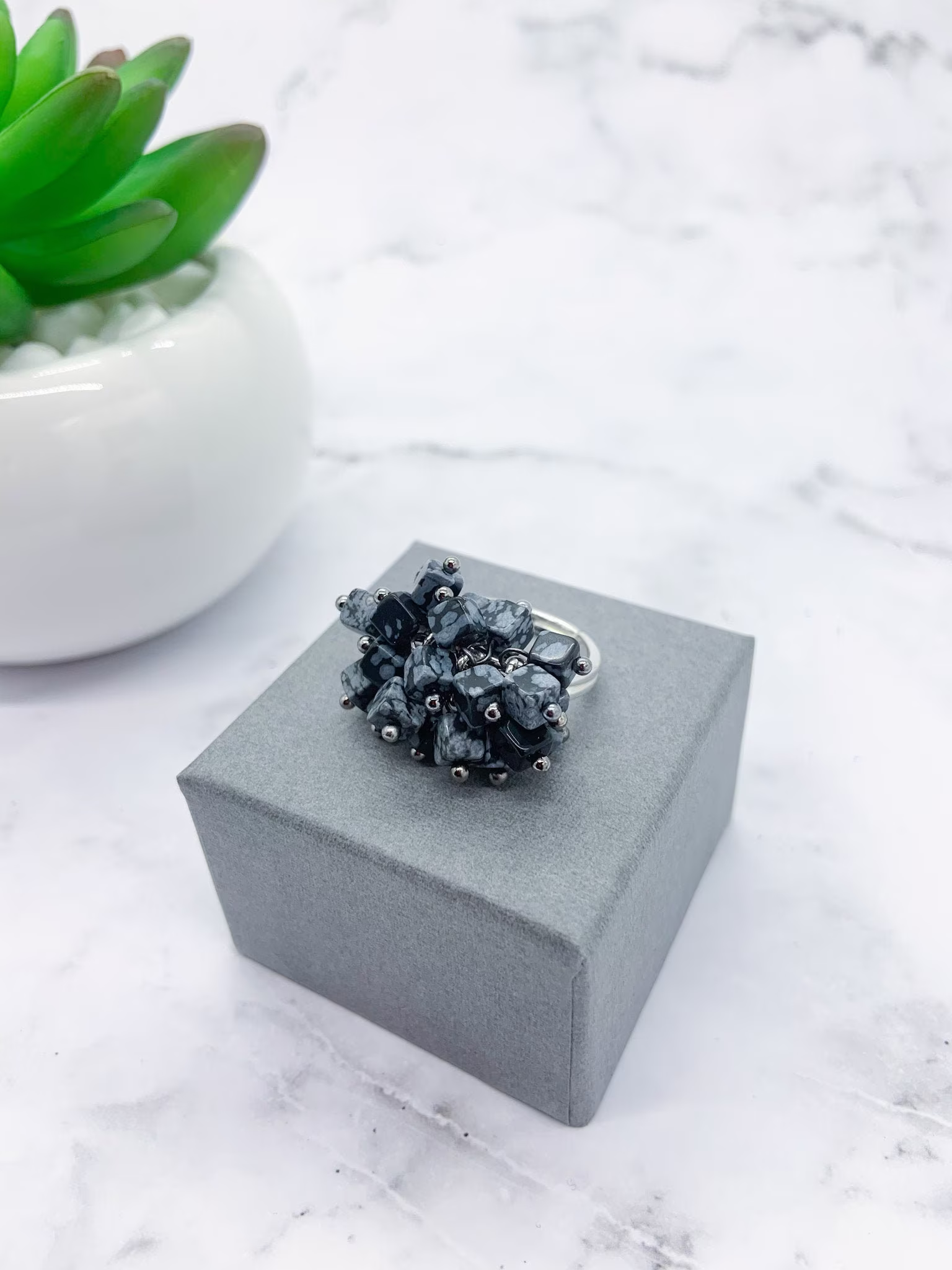 Cha-Cha Sterling Silver Ring | Snowflake Obsidian Cube Gemstone Cluster Adjustable Cha Statement Gift For Her