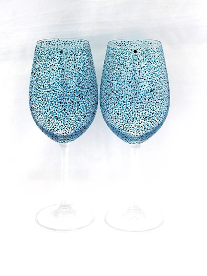 2 Aqua Polka Dot Wine Glasses