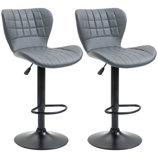 HOMCOM Bar Stools Set of 2 Adjustable Height Swivel Bar Chairs in PU Leather with Backrest & Footrest, Grey