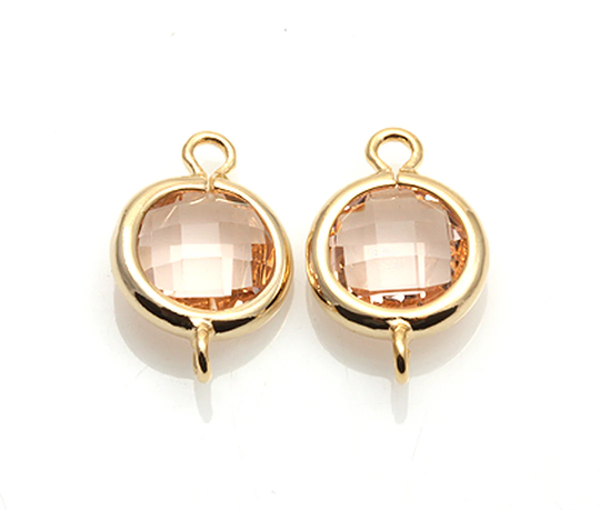 2Pcs - Light Peach Glass & Gold Frame Connector/Light Peach Round Connector Pendant Glass 9x14mm Slpg069-C