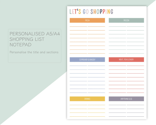A5/A4 Sectioned Shopping List Pad, Notepad, Gift For Her, Notebook, Stationery, Kitchen Pad, Can Be Magnetic