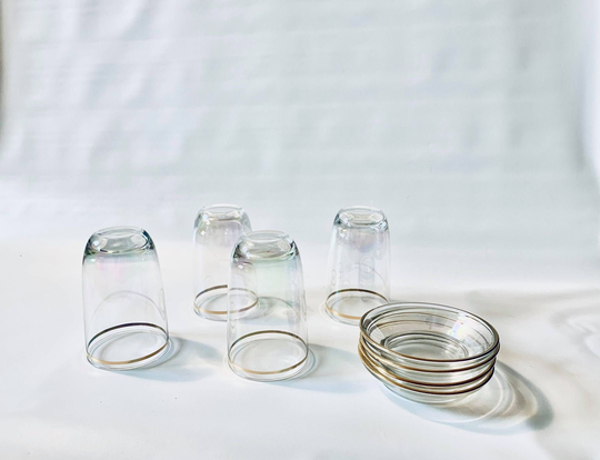 Vintage Iridescent Rainbow Stemless Glasses/Gold Rim Lustre Cocktail Apératif Prosecco Drinkware Set Of Eight