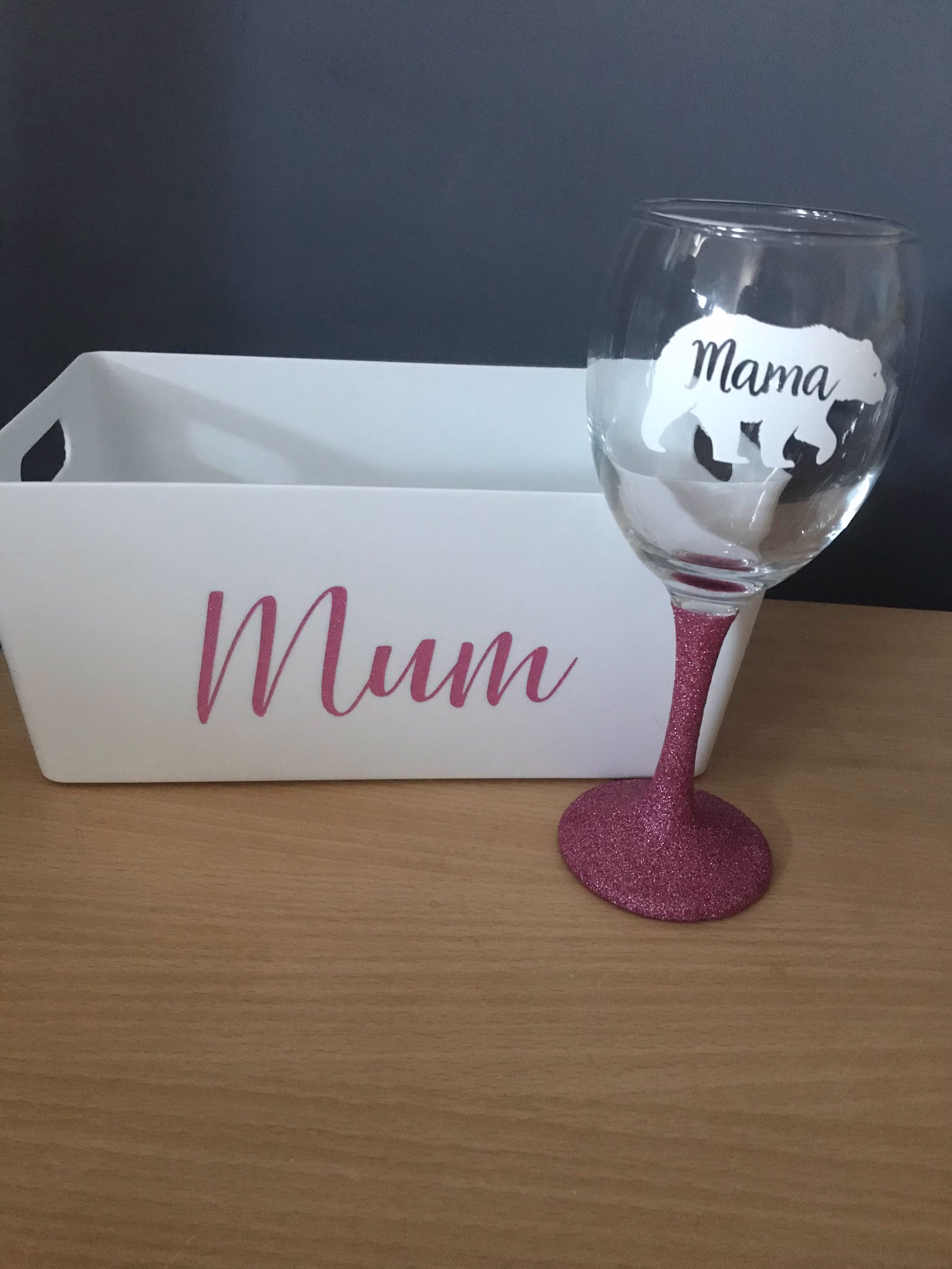 Mums Gift Set Medium Size Wham Box & Mama Bear Wine Glass Pink Glitter Or Plain Stem Gift Easter