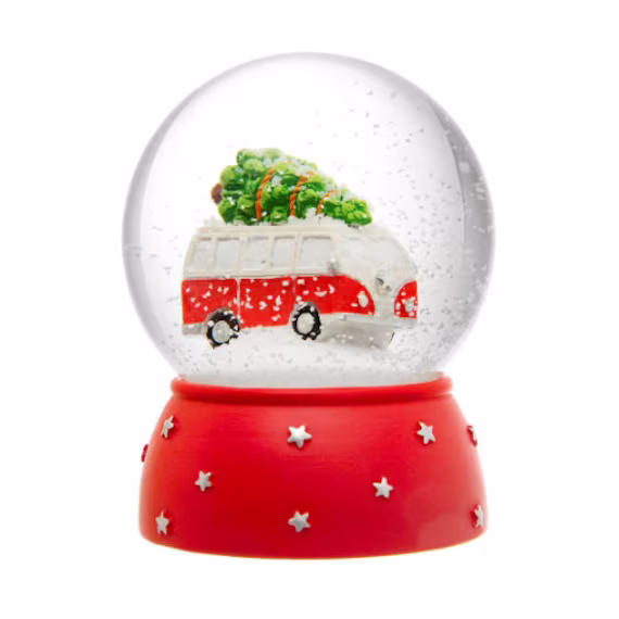 Red White Camper Van Glass Snow Globe Ornament - Winter Wonderland Festive Fun Transport Retro Magical Snowing Christmas Xmas Kids Gift