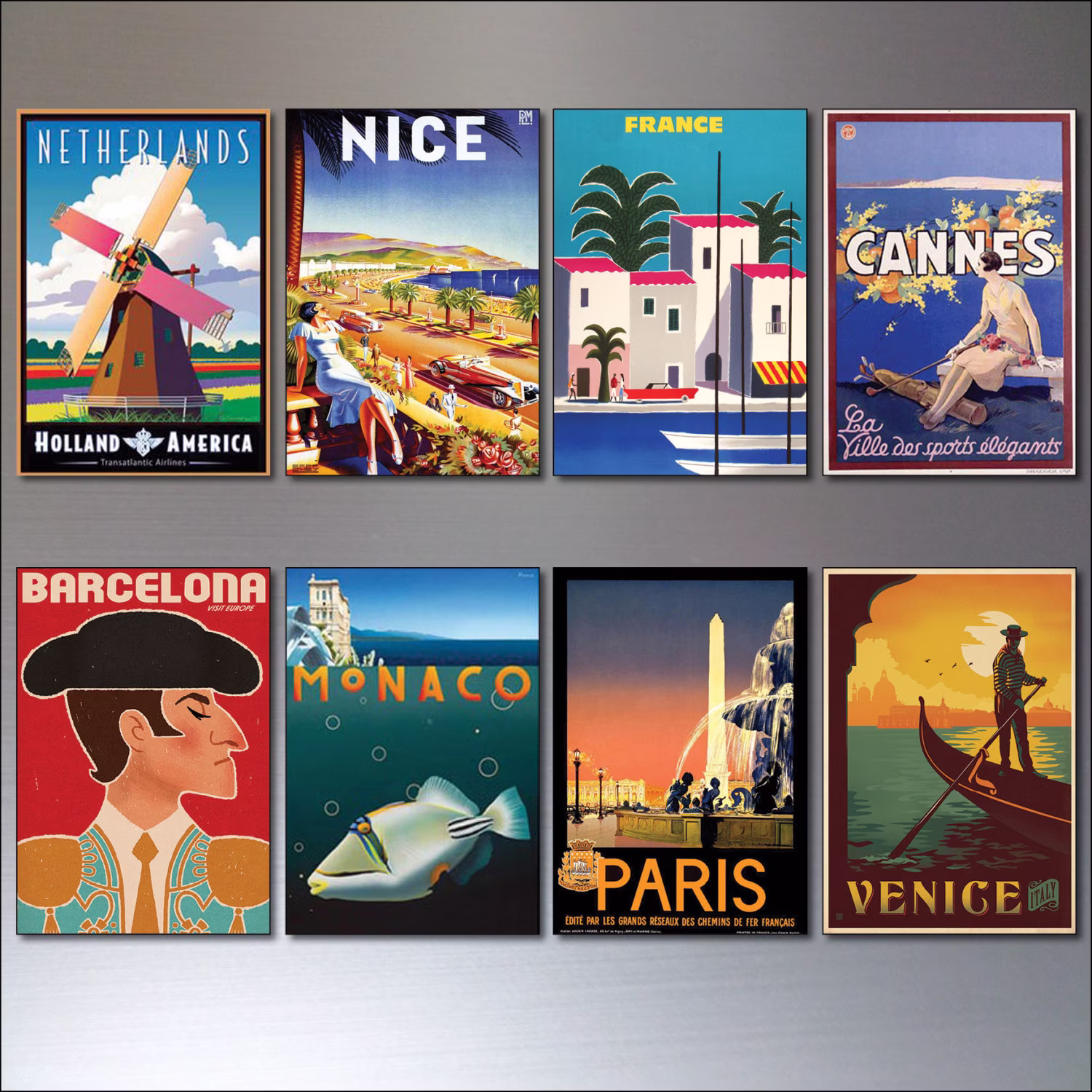 8 Vintage Travel Posters Fridge Magnets From Art Deco Design - Retro Repro No.3