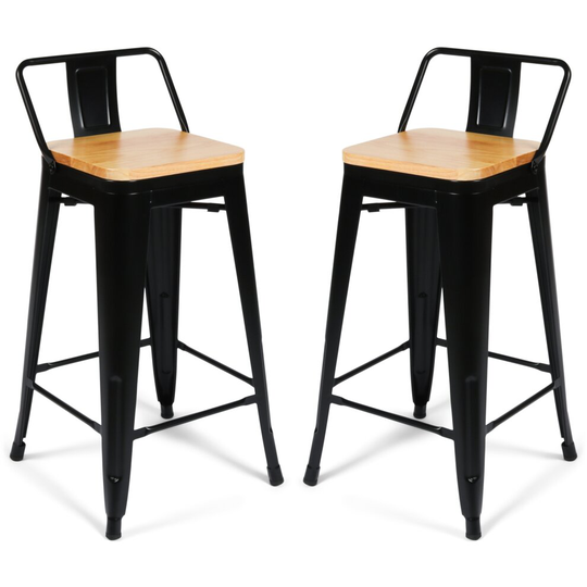 (2, Matt Black Oak Seat) Metal Industrial Kitchen Bar Stools With Backrests Cafe Bistro Tolix Style