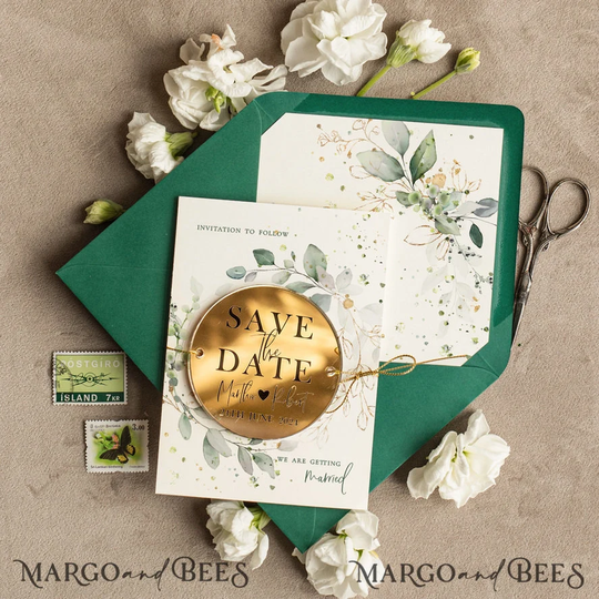 Gold Green Acrylic Save The Date Magnet Card Presonalised Wedding Greenery Our Dates Plexi Magnets Boho The Cards