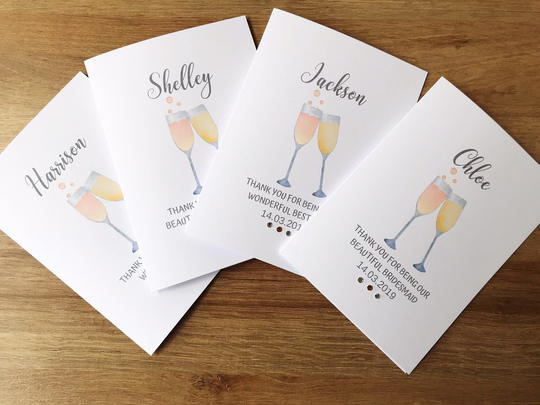 Personalised Wedding Thank You Cards. Champagne Glass Card. Bridesmaid, Maid Of Honour, Best Man, Usher.. Watercolour