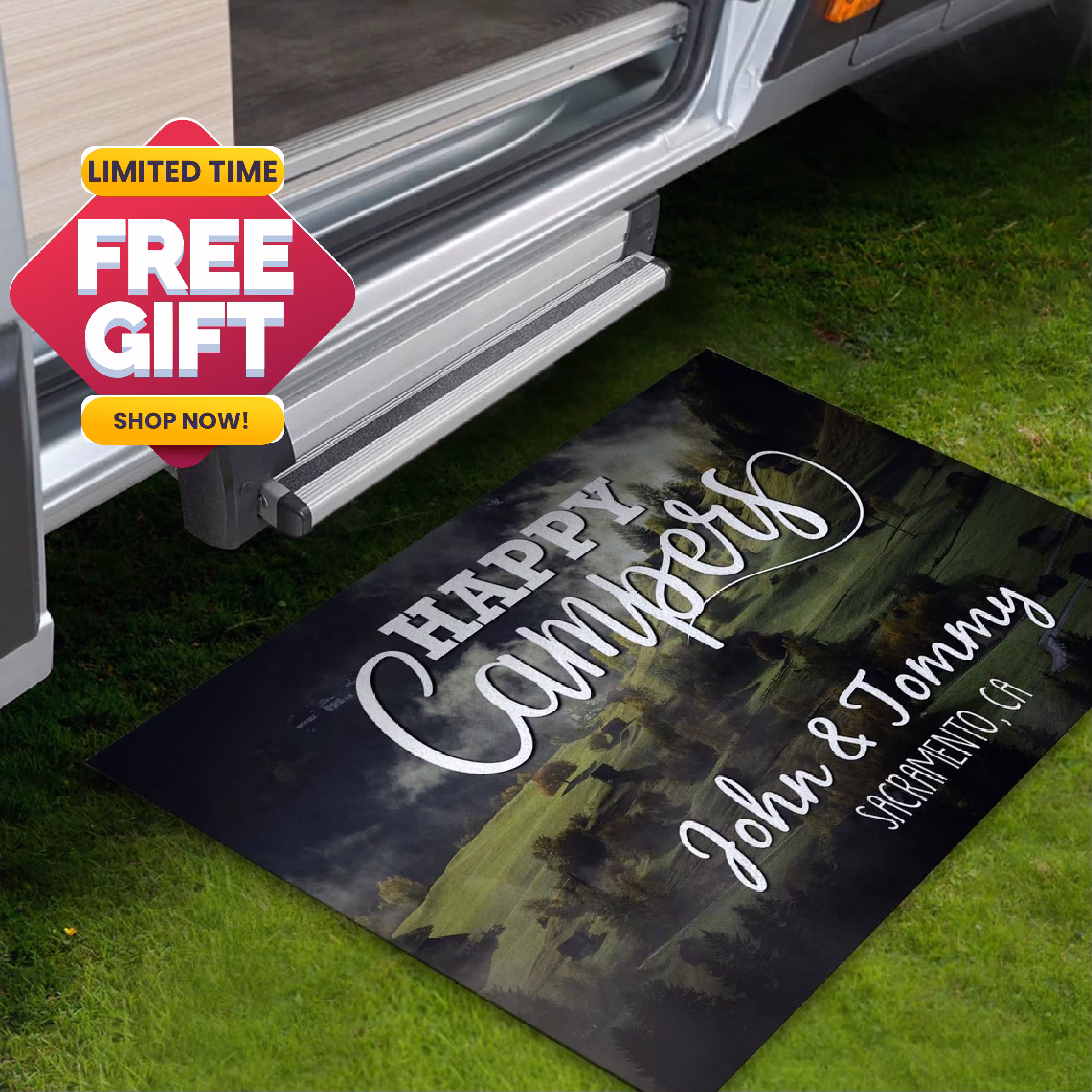 Happy Campers Doormat, Camping Mat, Camper Family Name Rug, Gift Accessories, Decor, Personalized Custom Funny Doormat cm001